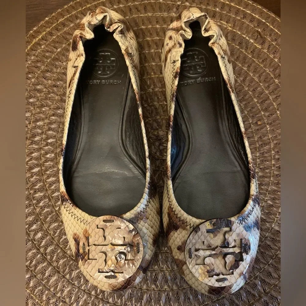 Tory Burch Minnie Travel Ballet Flat 7 M Snake Printed Leather Warm Roccia EUC